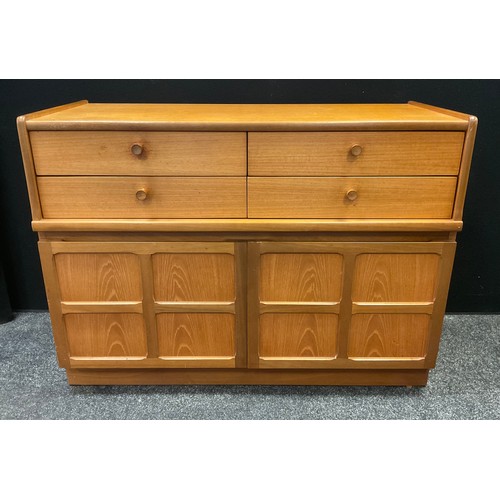 190 - A Nathan teak squares sideboard, four short drawers over two cupboard doors, 75cm high, 102cm wide, ... 