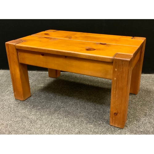 205 - A contemporary pine rectangular plank top coffee table, square block legs, 47cm high, 90cm long, 58c... 