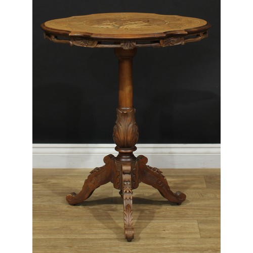 211 - An Italian Sorrento style walnut and marquetry occasional table, shaped oval tilting top inlaid with... 