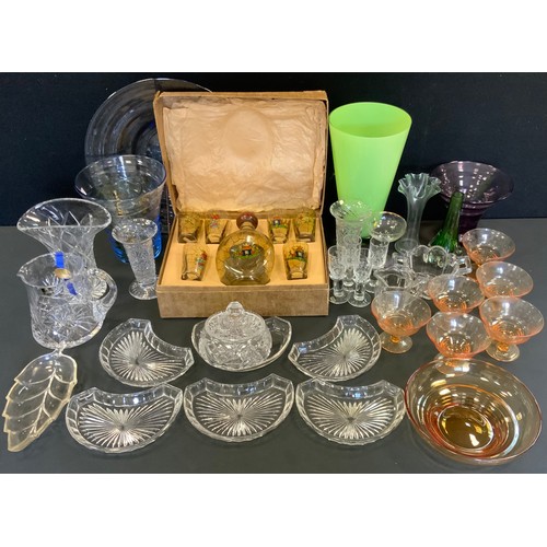 230 - Glassware - Whitefriars blue tinted shallow bowl, 37cm diam;  others coloured vases;  clear glass va... 