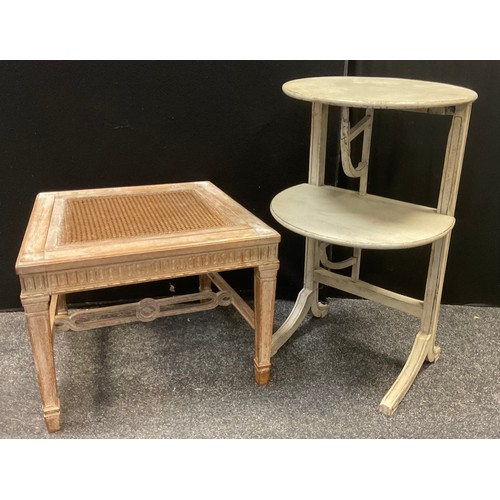 234 - A Shabby Chic two tier folding whatnot, painted in grey, 73cm high;  a French bergere stool, fluted ... 