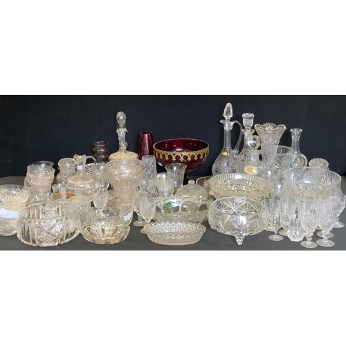 267 - Glassware - clear glass decanters, bugs, bowls;  Victorian clear and enamelled glass;  coloured etc