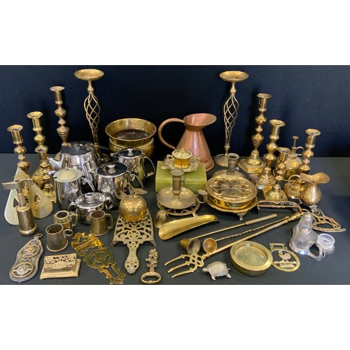 270 - Brass and Copper - ejector candlesticks, chamberstick, inkwell;  trivets, etc