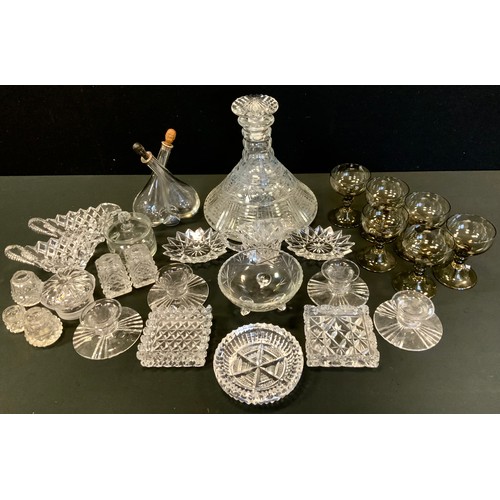 275 - Glassware - a clear glass ship's decanter;  a silver mounted double vinegar bottle;  mint sauce boat... 