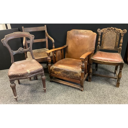 285 - A 19th century oak and elm bar back elbow chair;  Victorian carved mahogany dining chair;  Bergere l... 