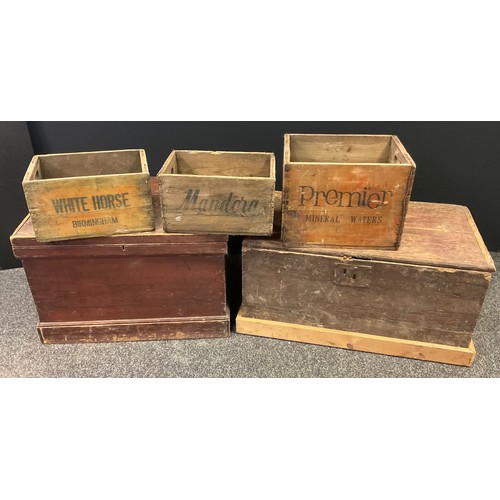 296 - A stained pine tool chest;  another;  R L Jones Mandora wooden crate; others, Premier etc (5)