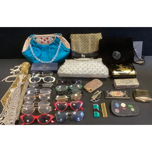 347 - Fashion - retro sunglasses inc folding examples, evening bags, Playboy style Bunny tie necklace etc