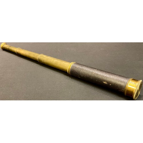 63 - An early 20th century lacquered brass three-draw pocket telescope, Secretan, Paris, leather bound gr... 