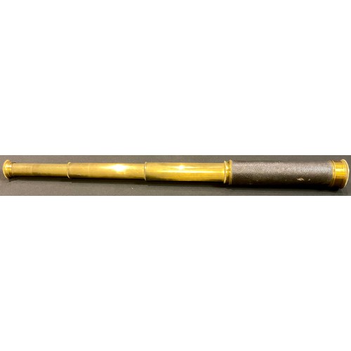 63 - An early 20th century lacquered brass three-draw pocket telescope, Secretan, Paris, leather bound gr... 