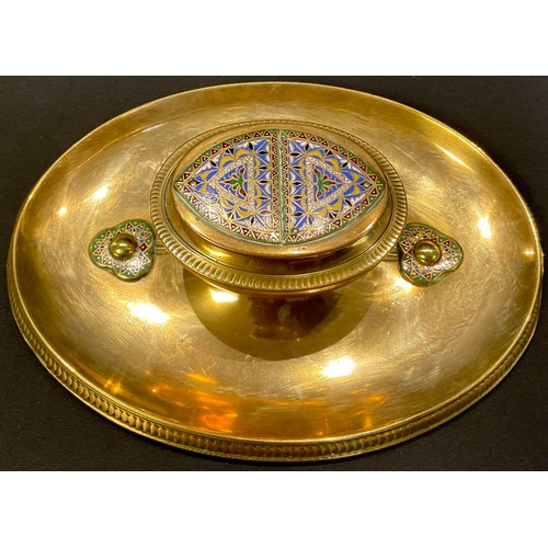 65 - A French Art Nouveau enamelled brass oval ink stand, hinged cover, frosted glass liner, 20.5cm wide,... 