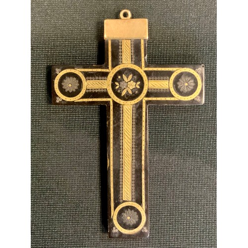 405 - A 19th century gold metal inlaid tortoiseshell cross pendant, unmarked, c.1880