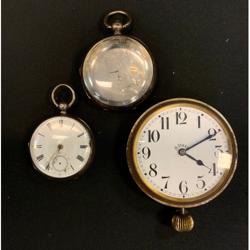 408 - A silver open faced pocket watch, London 1859;  a silver pocket watch case;  a chrome  Goliath pocke... 