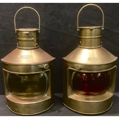 70 - A pair of brass novelty Port and Starboard hanging ship's lanterns, 28cm over suspension loops