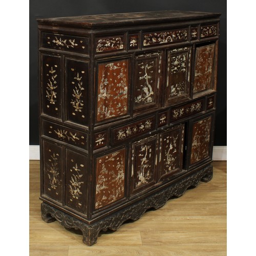 3 - A Chinese hardwood and mother of pearl marquetry side cabinet, of Japanese Shibayama shodana form, i... 