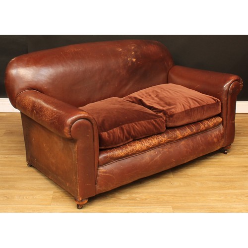 4 - An Art Deco leather cigar club sofa, 79cm high, 152cm wide, the seat 107cm wide and 57cm deep