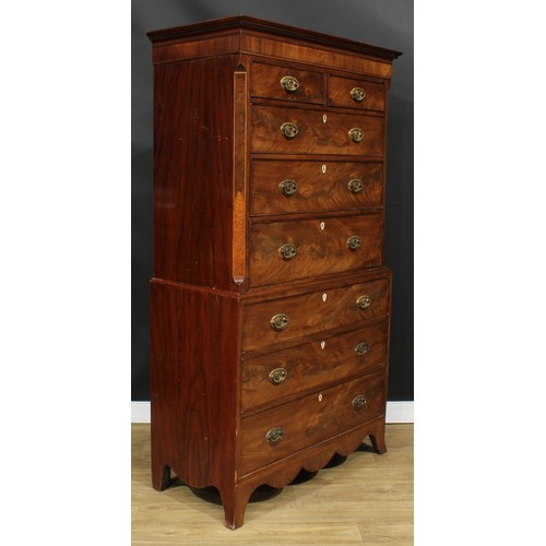 5 - A George III mahogany and burr accented chest on chest, moulded outswept cornice above two short and... 