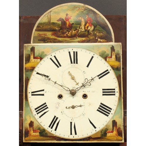 16 - A 19th century mahogany longcase clock, 35.5cm arched painted dial inscribed J. Shey & Co, Scarbro, ... 