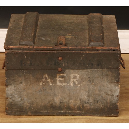 673 - A pine tool chest or box, inscribed Blackstone, A.E.R, 32cm high, 46.5cm wide, 42.5cm deep