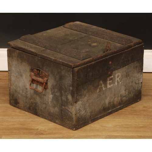 673 - A pine tool chest or box, inscribed Blackstone, A.E.R, 32cm high, 46.5cm wide, 42.5cm deep