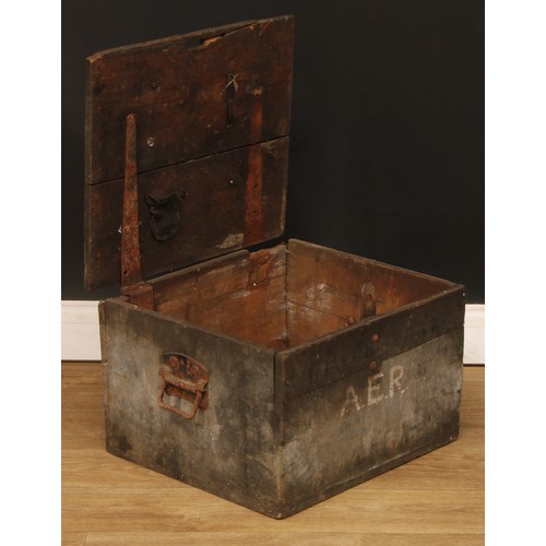 673 - A pine tool chest or box, inscribed Blackstone, A.E.R, 32cm high, 46.5cm wide, 42.5cm deep