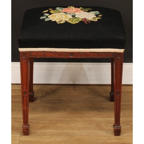 675 - A George III Revival stool, stuffed over seat, tapered square legs, spade feet, 48cm high, 44.5cm wi... 