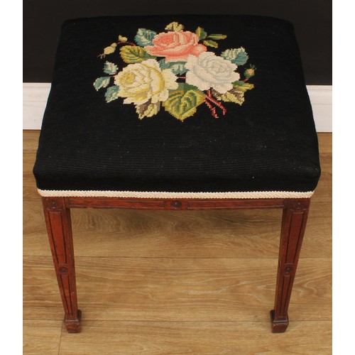 675 - A George III Revival stool, stuffed over seat, tapered square legs, spade feet, 48cm high, 44.5cm wi... 