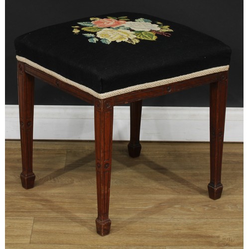 675 - A George III Revival stool, stuffed over seat, tapered square legs, spade feet, 48cm high, 44.5cm wi... 