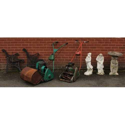 688 - Gardenalia - a figural garden statue; another; bird bath; bench ends; mowers