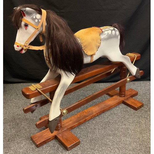 83 - A 20th century Dapple-Grey painted rocking horse, stained pine base, 100cm tall (78cm to saddle) x 1... 