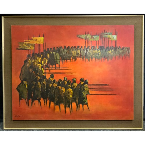 85 - Deborah Jones, after, March of the Kings, a coloured block print, 107 x 85cm, framed,