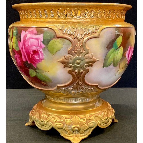 16A - A Royal Worcester jardiniere, moulded in relief with four panels each painted with roses, on a burni... 