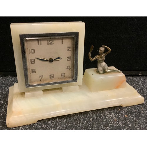 60 - An Art Deco onyx rectangular clock, the square dial with Arabic numerals, the rectangular base surmo... 