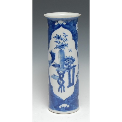 67 - A Chinese  cylindrical sleeve vase, painted in underglaze blue with vase on a stand, the ground with... 