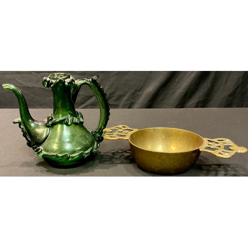 73 - An early 18th century brass porringer, of silver shape, pierced crown lug handles, 21cm wide, c.1730... 