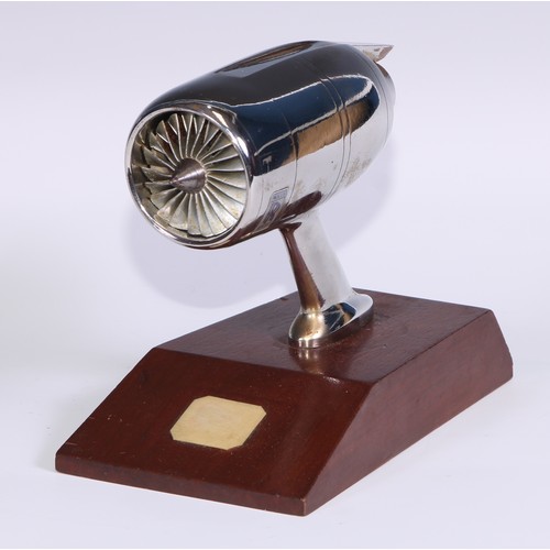 74 - Aeronautica - a chrome desk model, of a Rolls Royce RB211 aeroplane engine, removable propellor, mah... 