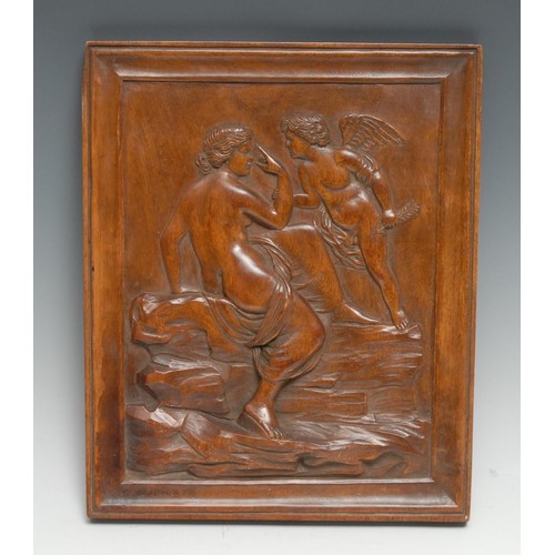 76 - A Continental walnut panel, carved in relief in the Grand Tour manner with Eros and Aphrodite, 27cm ... 