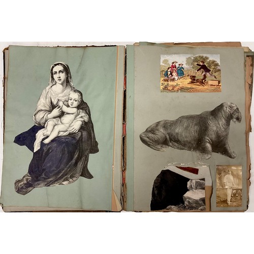 3328 - Two Victorian scrap books, the largest of which has linen pages, each typically illustrated with mix... 