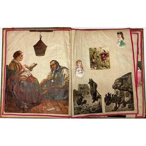 3328 - Two Victorian scrap books, the largest of which has linen pages, each typically illustrated with mix... 