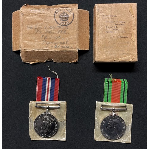 3033 - WW2 British RN Medal Group comprising of War Medal and Defence Medal in original box of issue with r... 