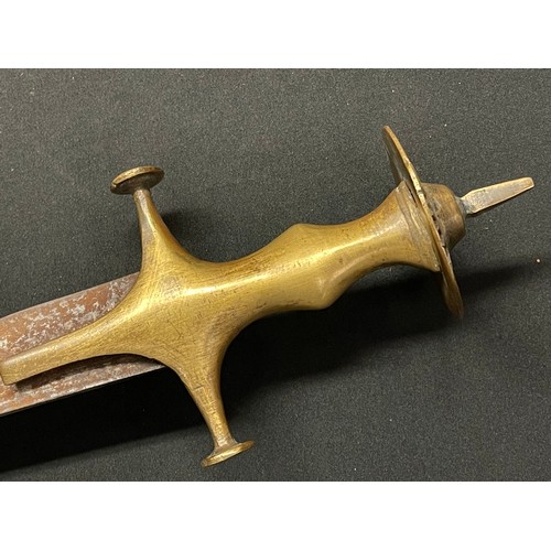 3074 - A Brass hilted Afghan Pulwar with heavy, fullered blade 710mm in length, coins riveted to hilt, 1896... 