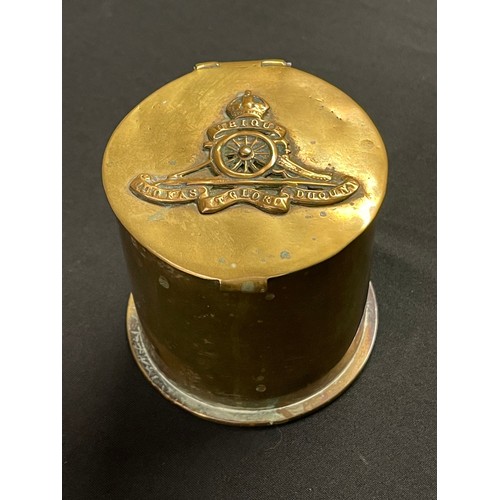 3083 - WW1 British Trench Art lidded jar made from a German 77mm shell case maker marked and dated 
