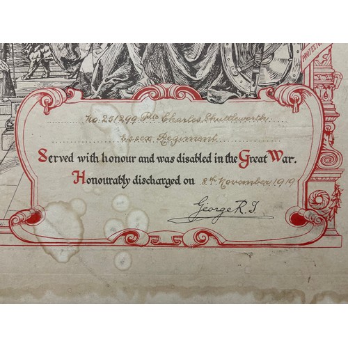 3087 - WW1 British Commemorative Honourable Discharge for Wounds Certificate to 251299 Pte Charles Shuttlew... 