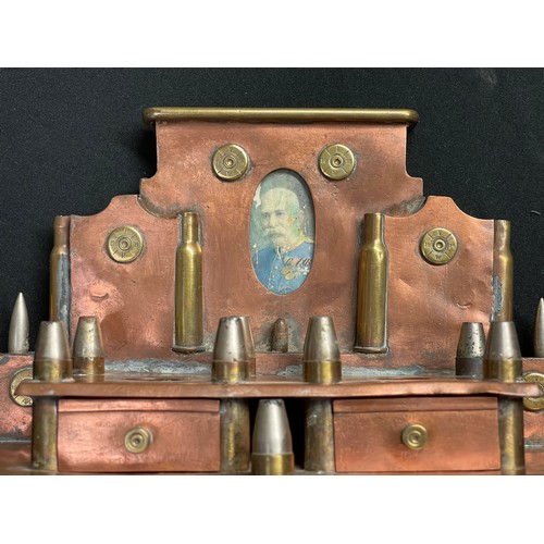3097 - WW1 Austro-Hungarian Trench Art Desk Set. Made from copper sheet and inset with an oval colour portr... 