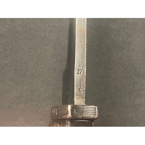 3111 - WW1 Imperial German S98/05nA Bayonet with blued single edged fullered blade, maker marked 