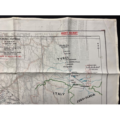 3131 - WW2 British RAF Silk Escape Map code letter X / Y. Shows escape routes to Switzerland. Double sided.