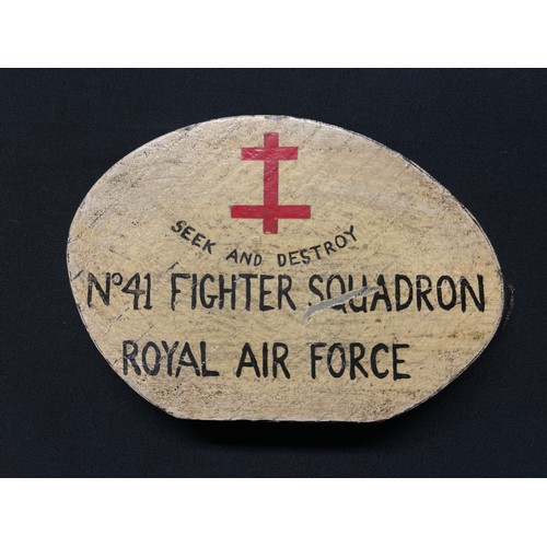 3174 - WW2 British RAF No41 Fighter Squadron Trench Art Desk Plaque made from an aircraft propeller. Size 1... 