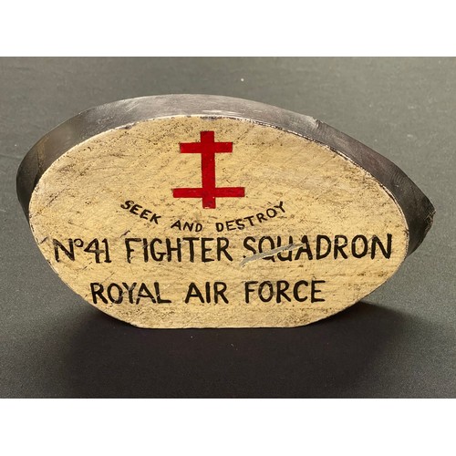 3174 - WW2 British RAF No41 Fighter Squadron Trench Art Desk Plaque made from an aircraft propeller. Size 1... 