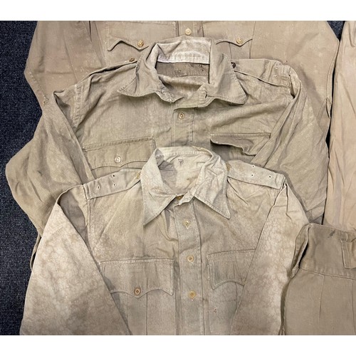 3186 - WW2 British Army Khaki Drill Officers Uniform collection comprising of : three KD shirts for a lieut... 