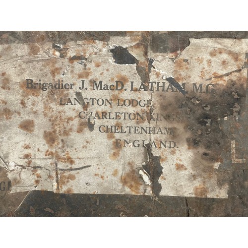 3194 - Officers Tin Trunk 110cm x 38cm x 26cm. Named to Brigadier John Macduff Latham MC. Paper label to li... 