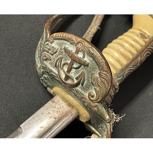 3216 - WW2 Third Reich Kreigsmarine Officers Lion Head Sword with pipe backed blade 695mm in length. Maker ... 